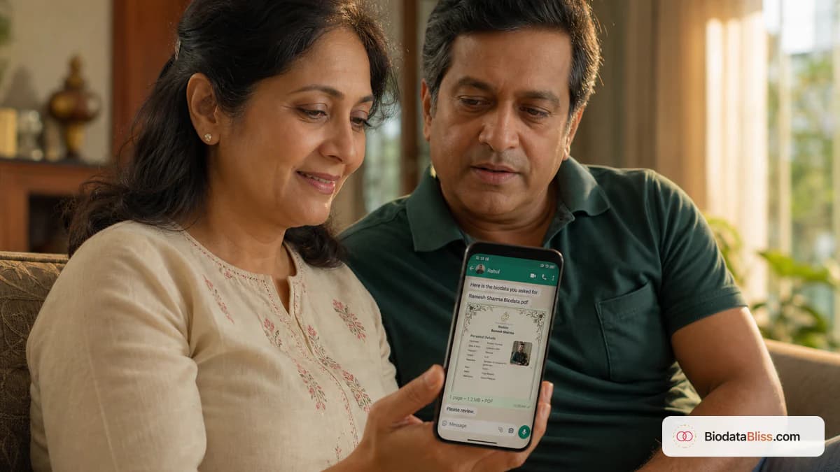 ਲਿਵਿੰਗ ਰੂਮ WhatsApp ਚੈਟ ਵਿੱਚ ਸਮਾਰਟਫੋਨ ’ਤੇ ਵਿਆਹ ਬਾਇਓਡਾਟਾ PDF ਵੇਖਦੇ ਮਾਤਾ-ਪਿਤਾ