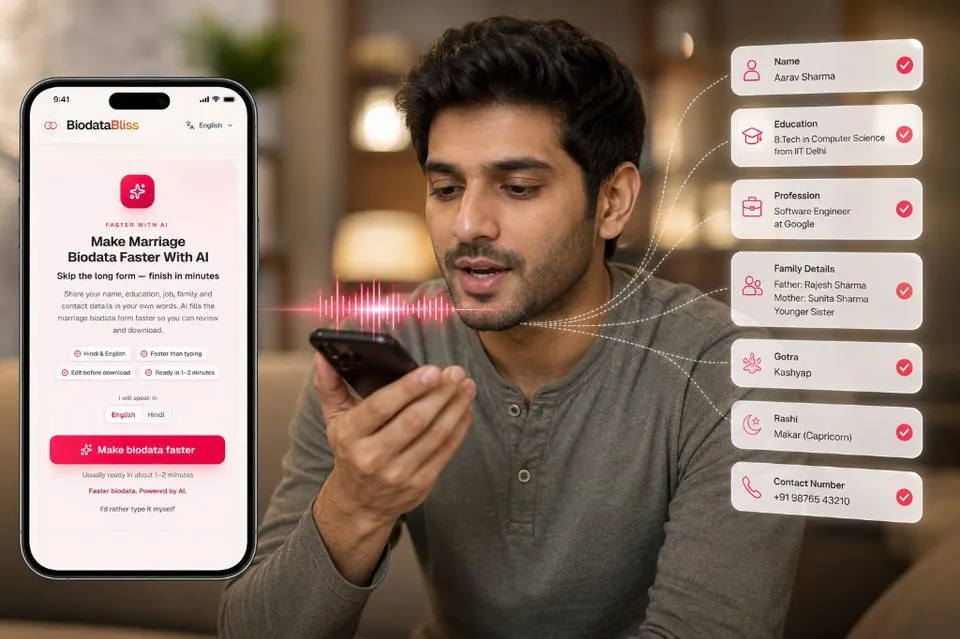 AI voice input extracting marriage biodata details on BiodataBliss