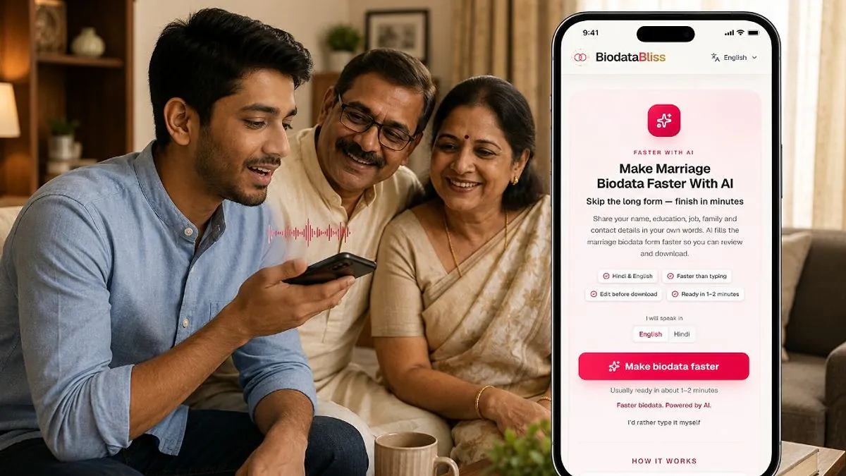 Family creating a marriage biodata using AI voice input on BiodataBliss