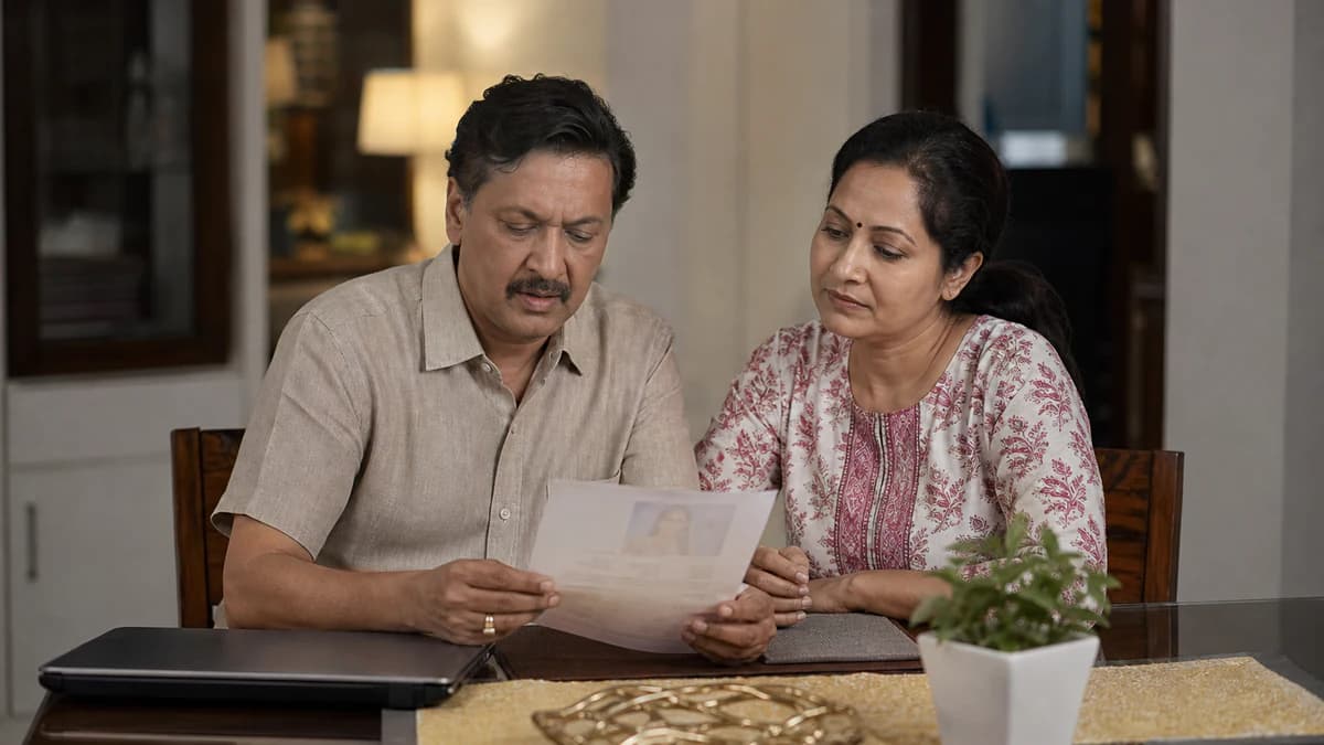 Parents reviewing a marriage biodata printout beside a laptop at home