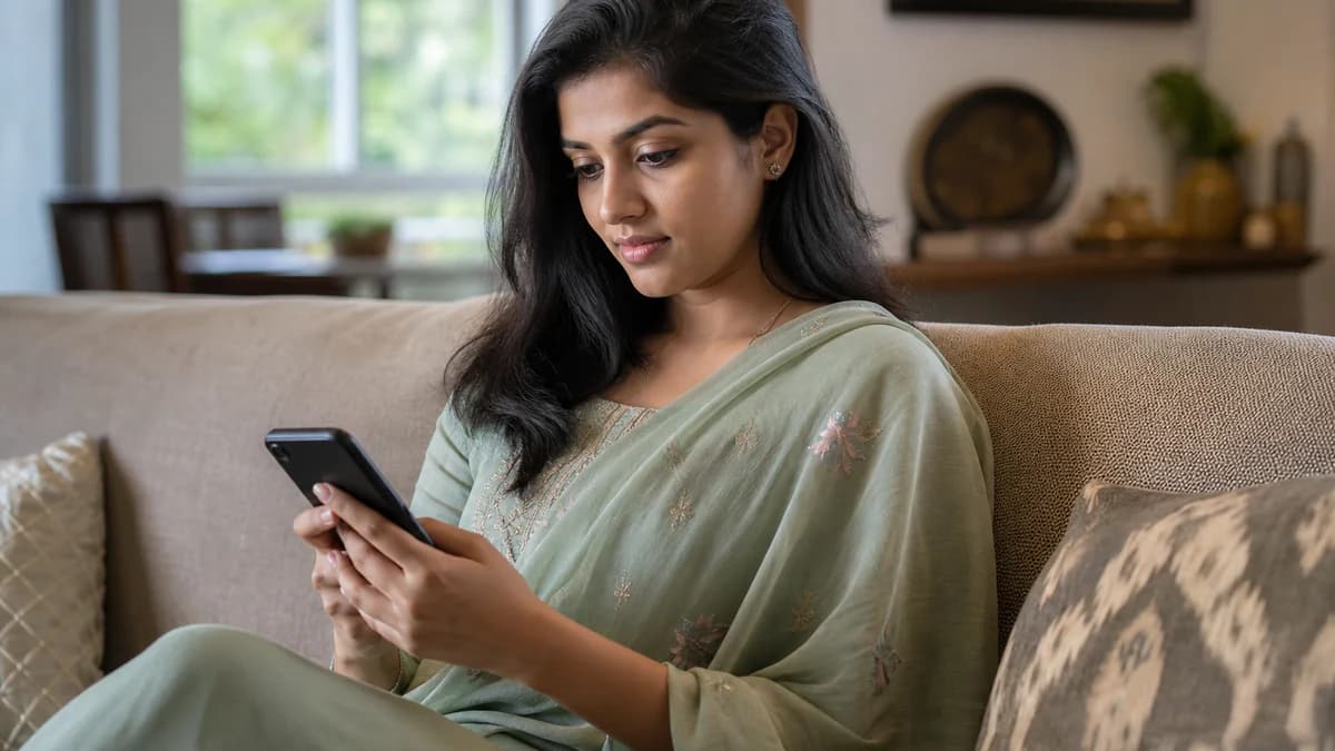 Young woman reading a marriage biodata PDF on her phone at home