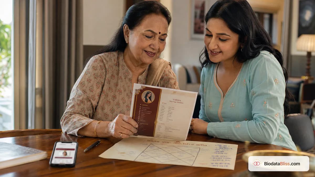 ਪਰਿਵਾਰ ਵਿਆਹ ਦੇ ਬਾਇਓਡਾਟਾ ਲਈ ਰਾਸ਼ੀ ਅਤੇ ਨਕਸ਼ਤਰ ਵੇਰਵਿਆਂ ਦੀ ਸਮੀਖਿਆ ਕਰ ਰਿਹਾ ਹੈ
