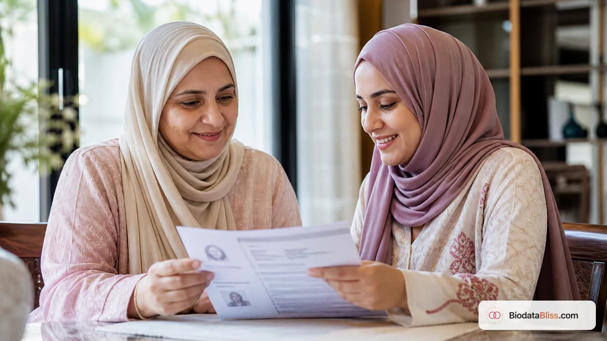 Muslim mother and daughter in hijab reviewing a marriage biodata at a sunlit dining table