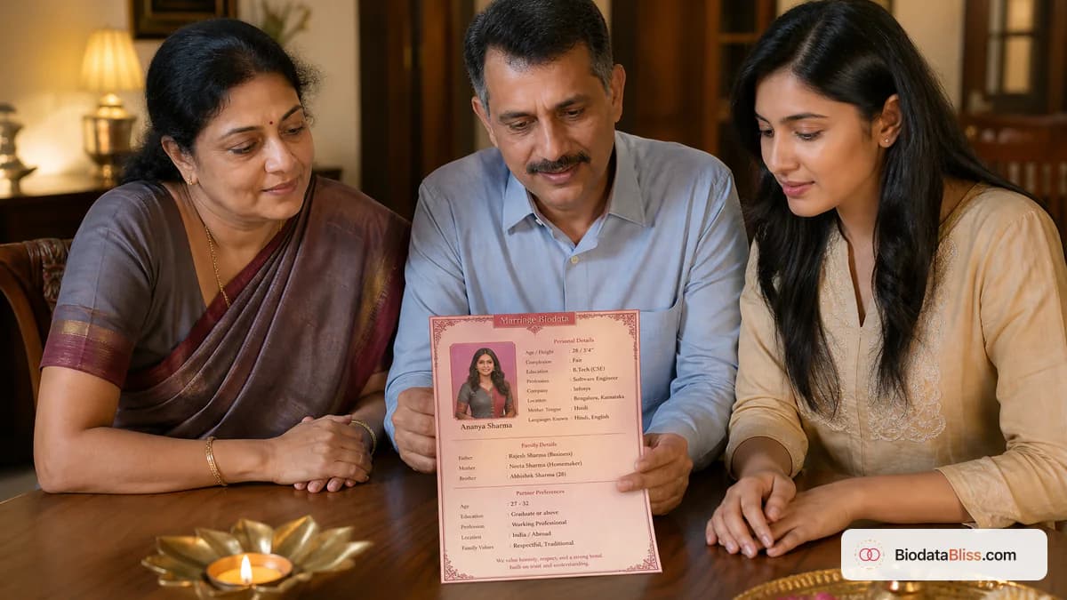 Indian parents and adult child reviewing a printed marriage biodata checklist at a dining table