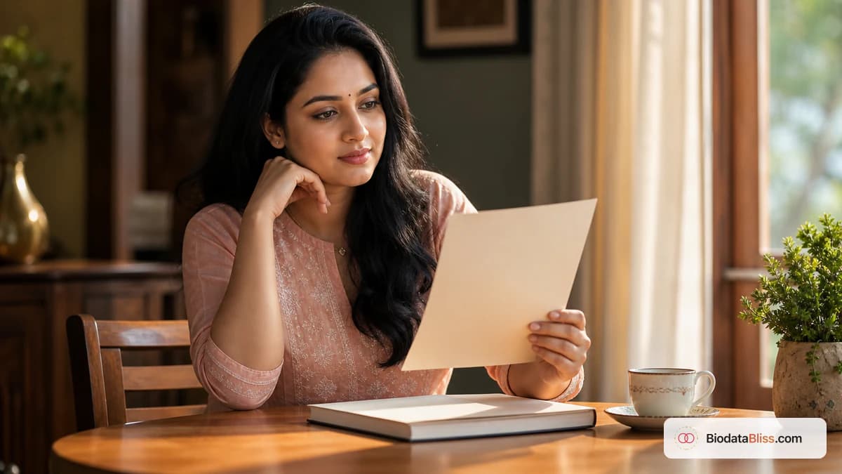 Young woman reviewing a marriage biodata draft at a sunlit table — why families choose polished designs when free templates exist