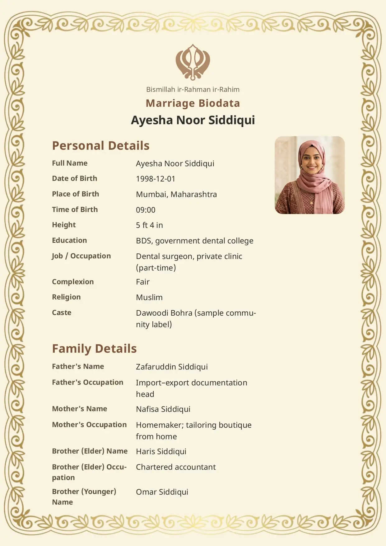 Free Classic Sandal marriage biodata template preview — BiodataBliss