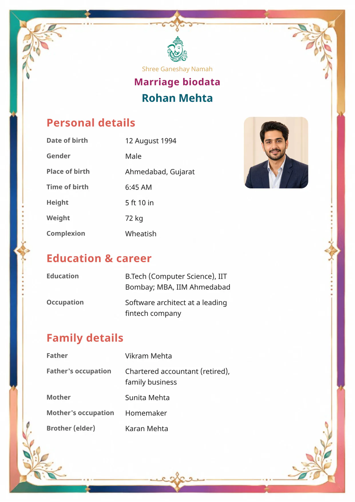 Free Divine Elegance marriage biodata template preview — BiodataBliss