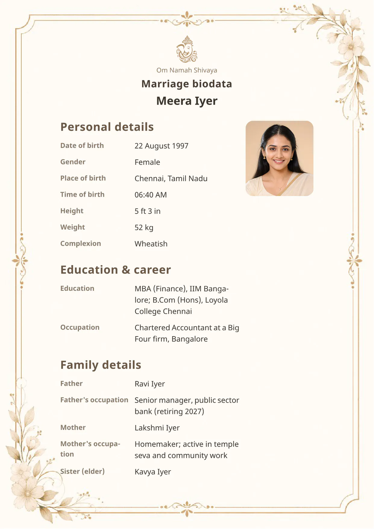 Free Elegant Floral marriage biodata template preview — BiodataBliss