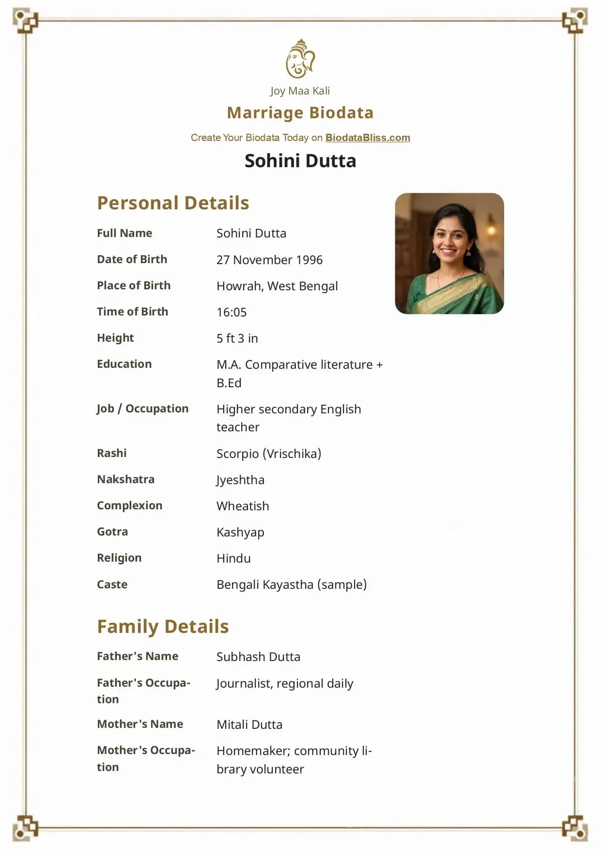 Free Golden Edge marriage biodata template preview — BiodataBliss