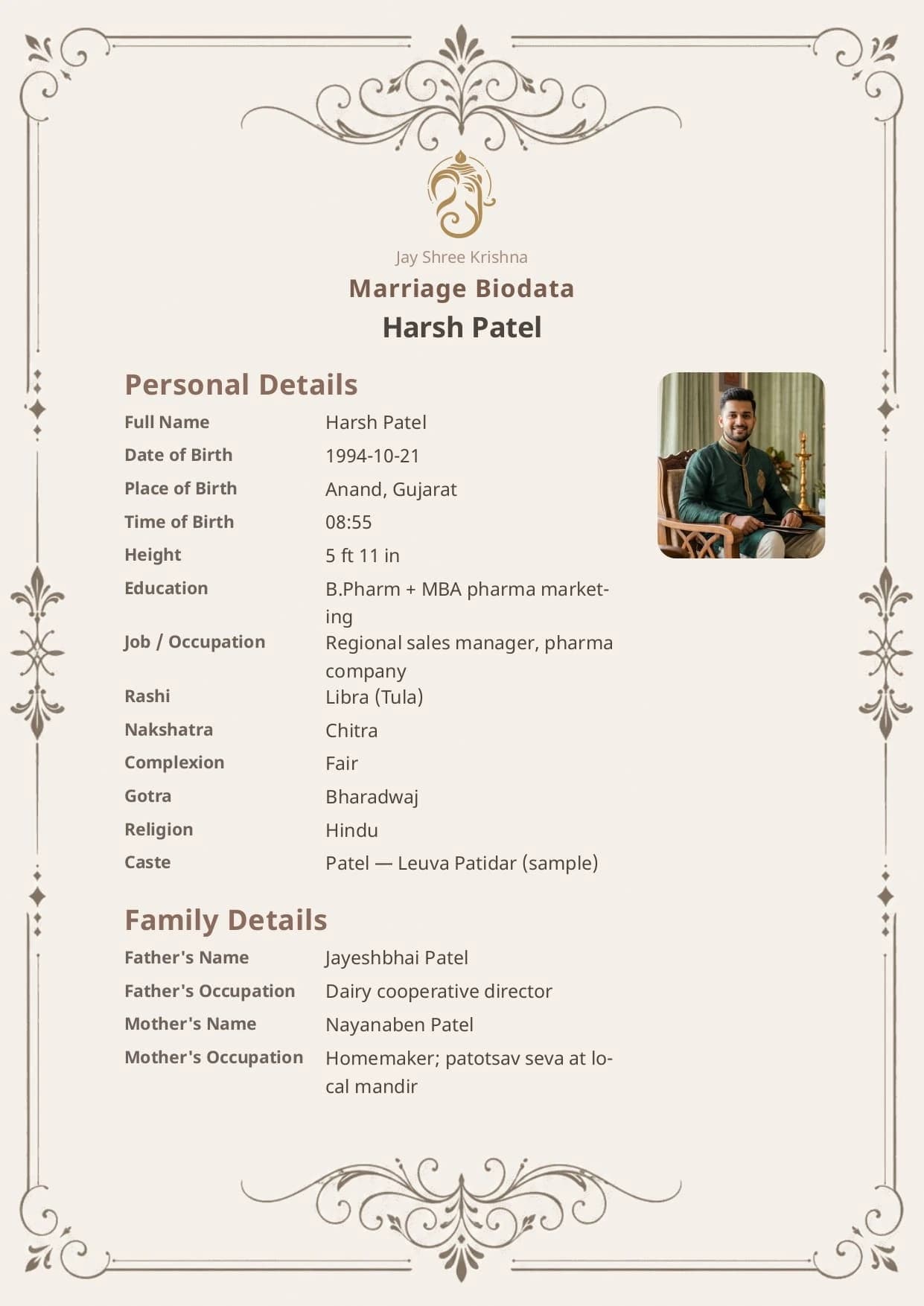 Free Ivory Heirloom marriage biodata template preview — BiodataBliss