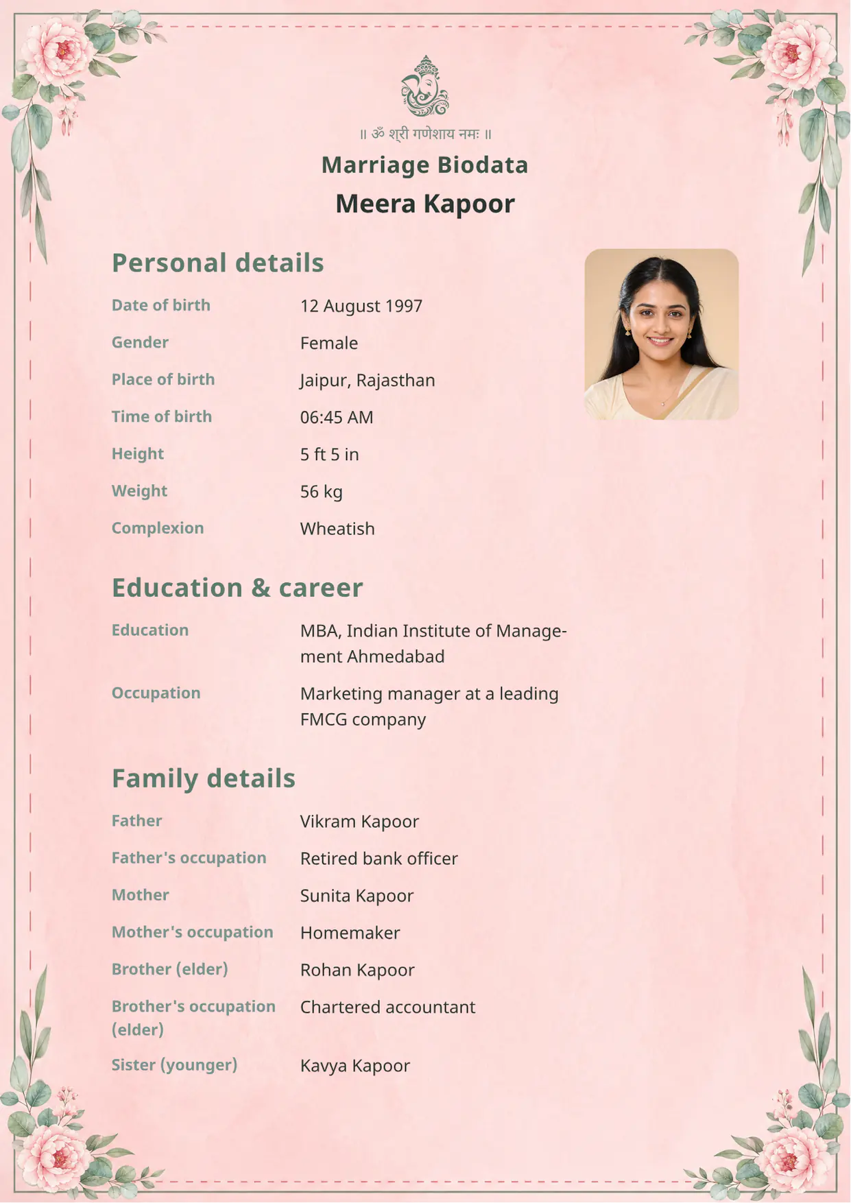 Free Lotus Dawn marriage biodata template preview — BiodataBliss