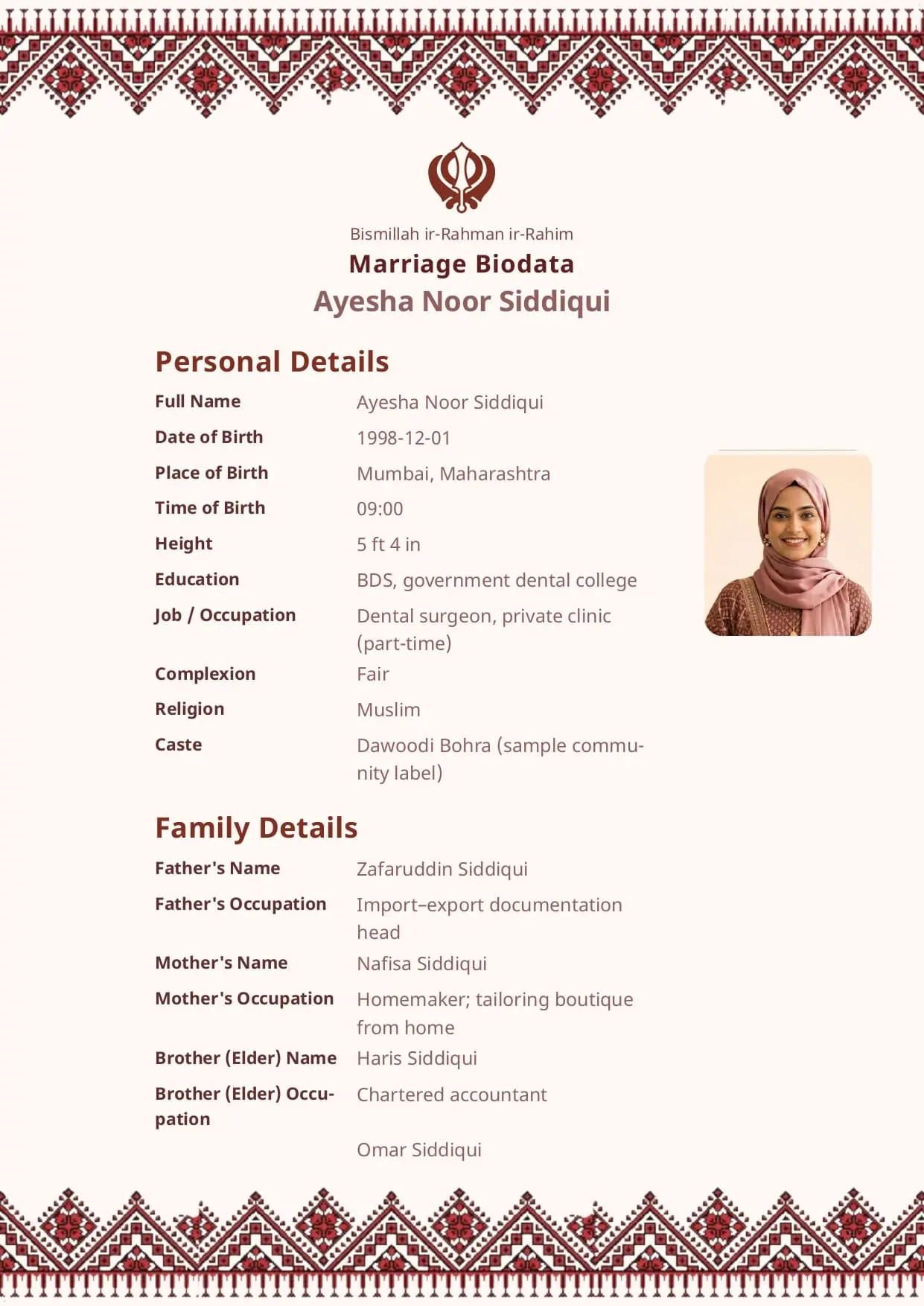 Free Maroon Heritage marriage biodata template preview — BiodataBliss