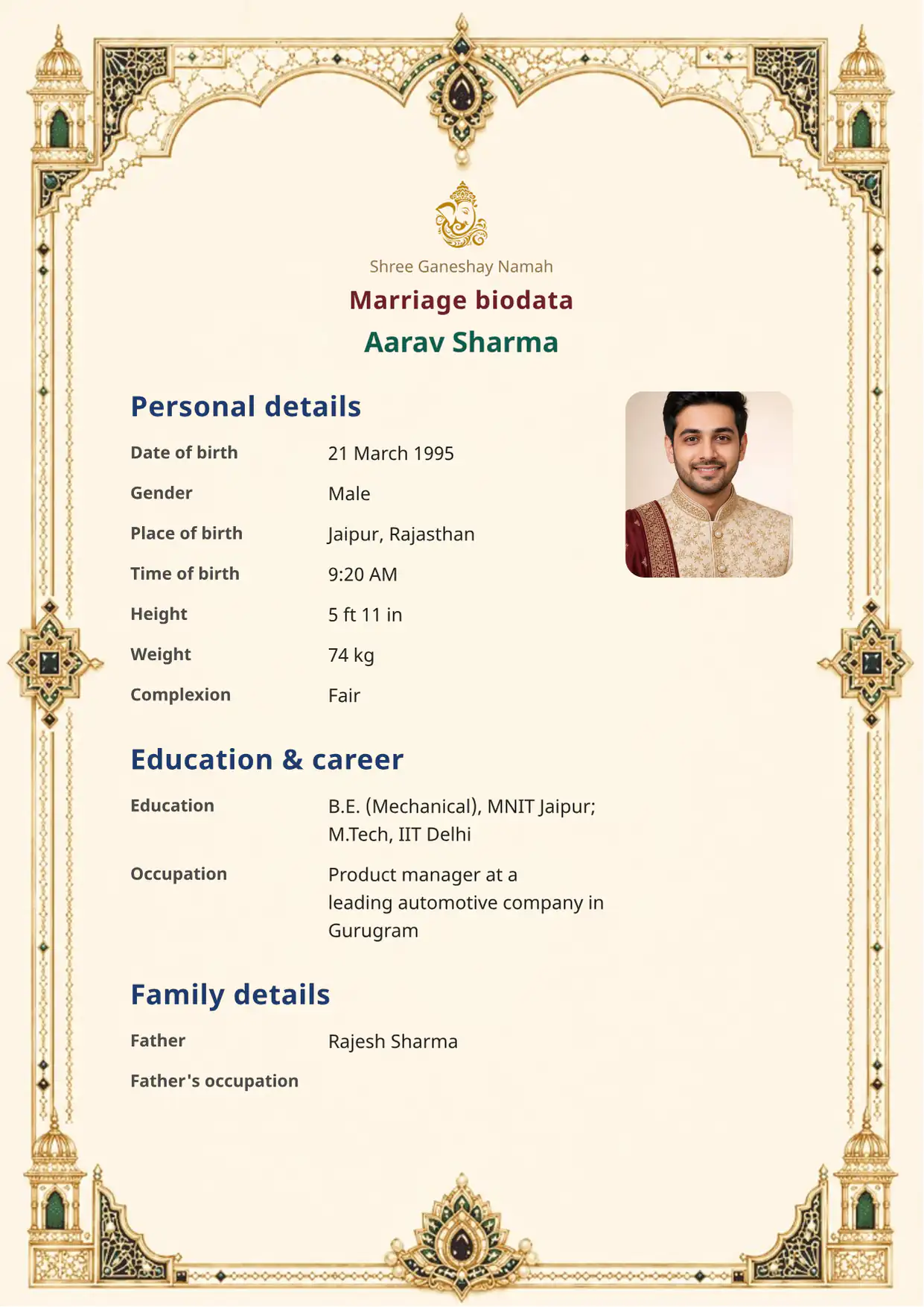 Free Palace Grace marriage biodata template preview — BiodataBliss