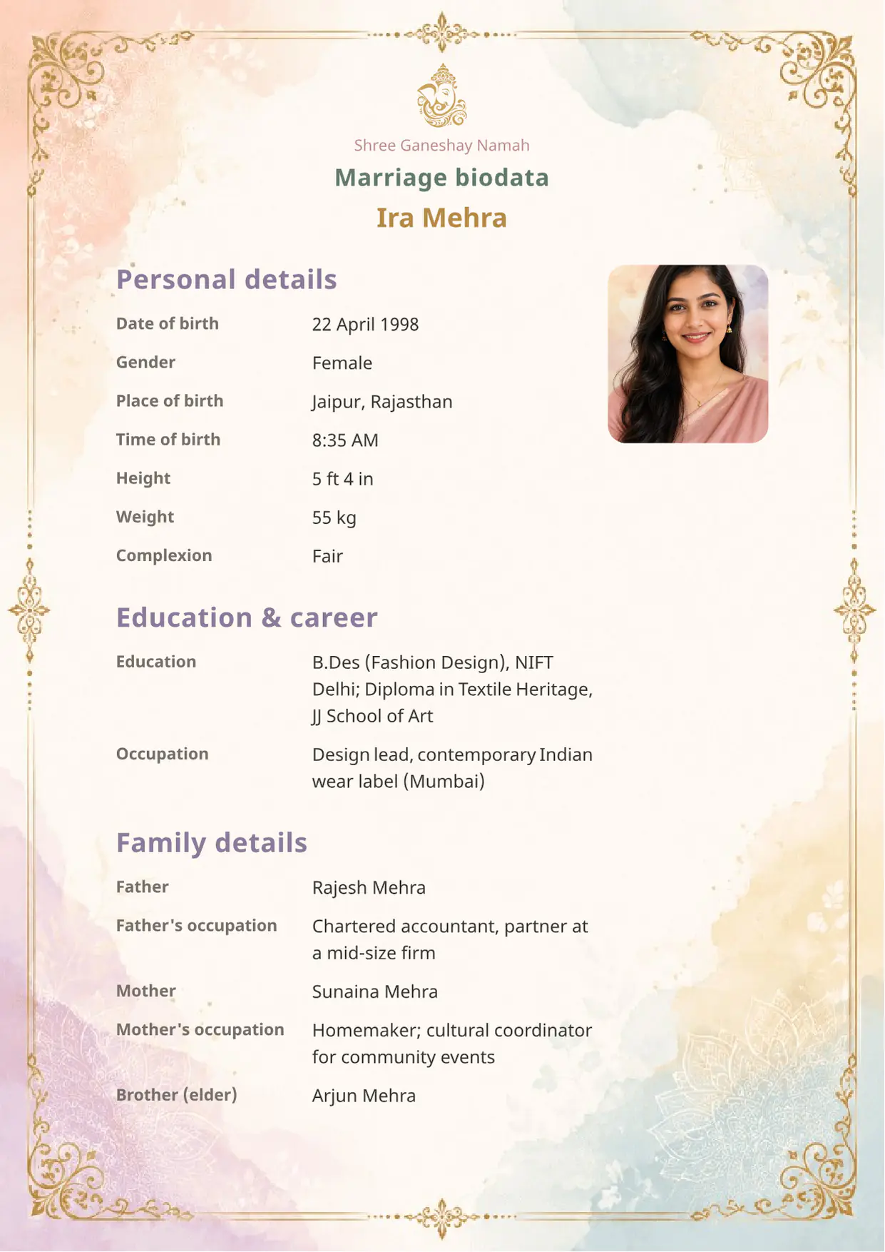 Free Pastel Grace marriage biodata template preview — BiodataBliss