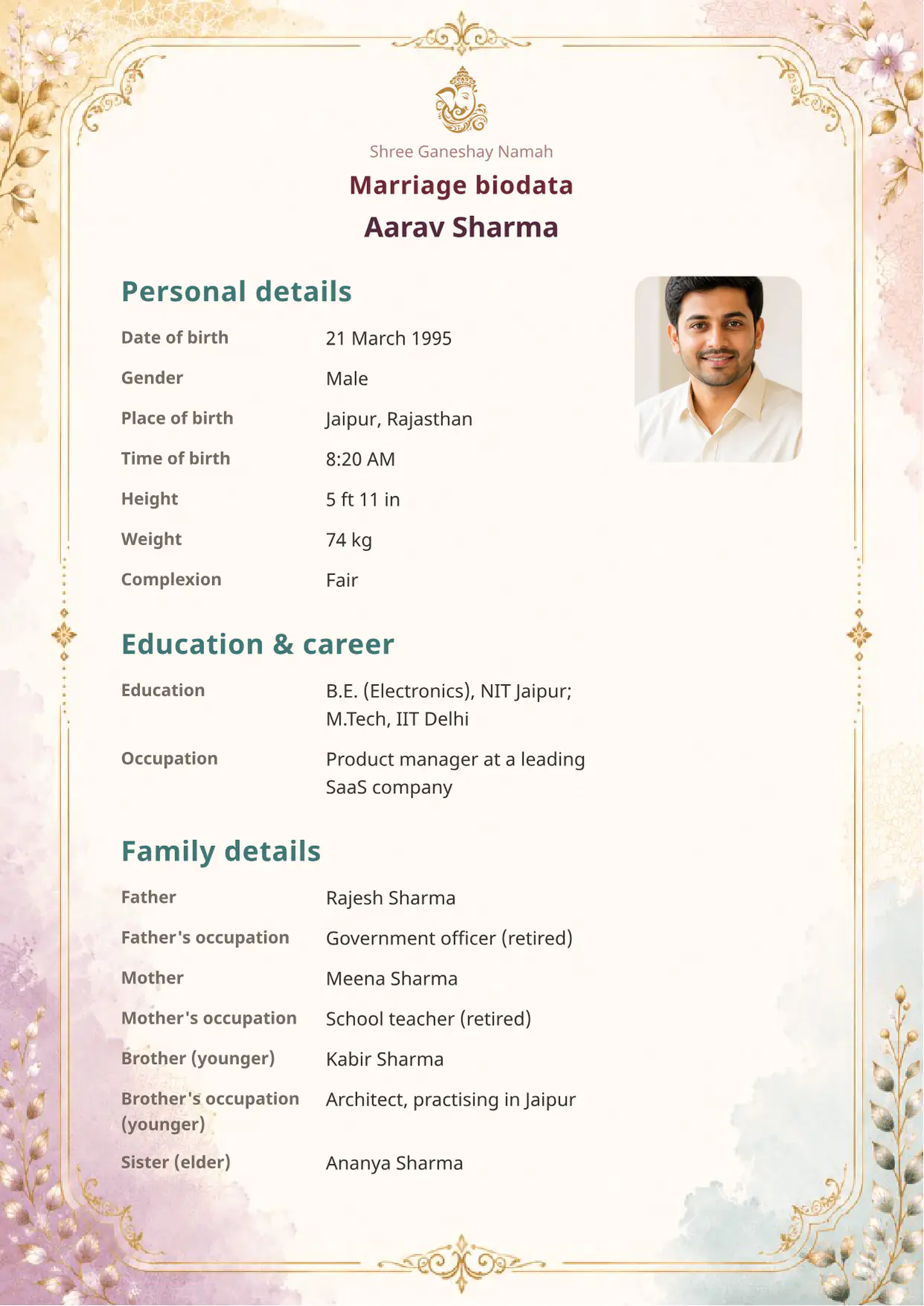 Free Pastel Heritage marriage biodata template preview — BiodataBliss