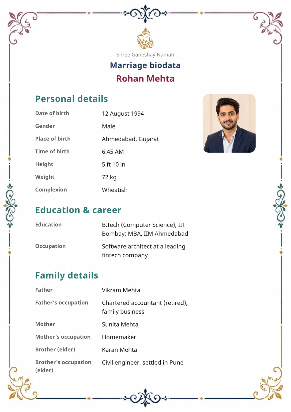 Free Premium Aura marriage biodata template preview — BiodataBliss