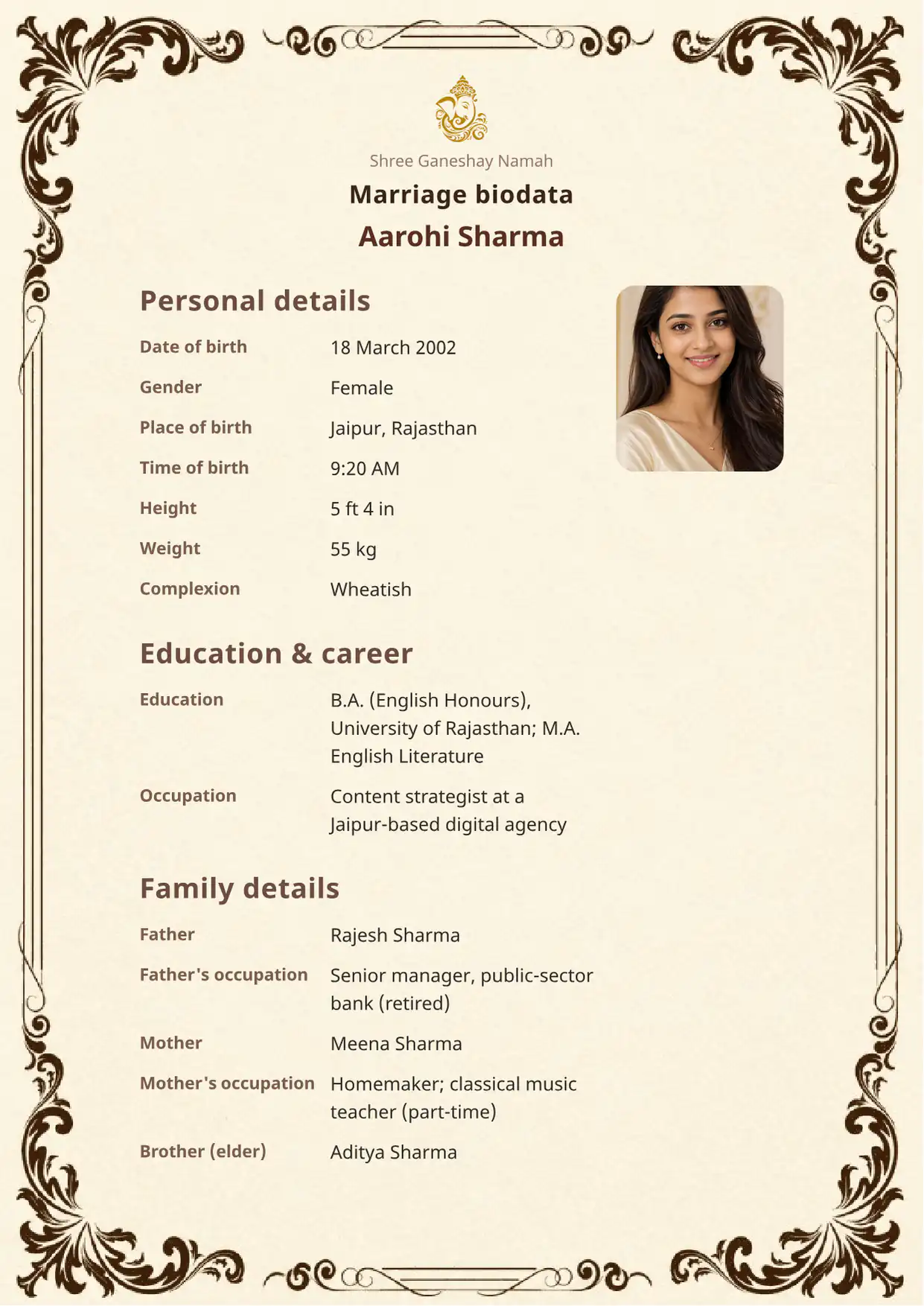 Free Regal Heritage marriage biodata template preview — BiodataBliss