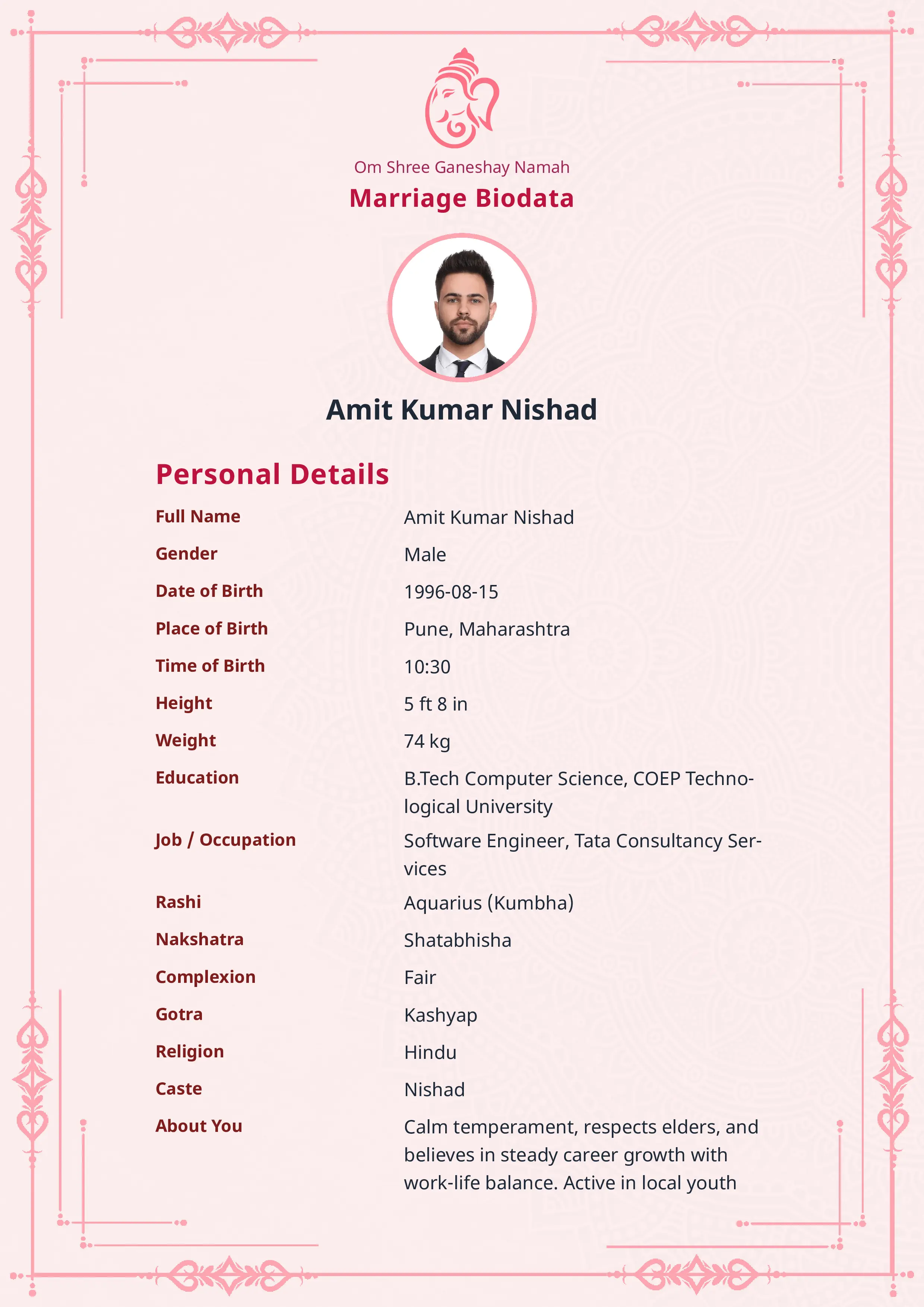 Free Rose Clean marriage biodata template preview — BiodataBliss