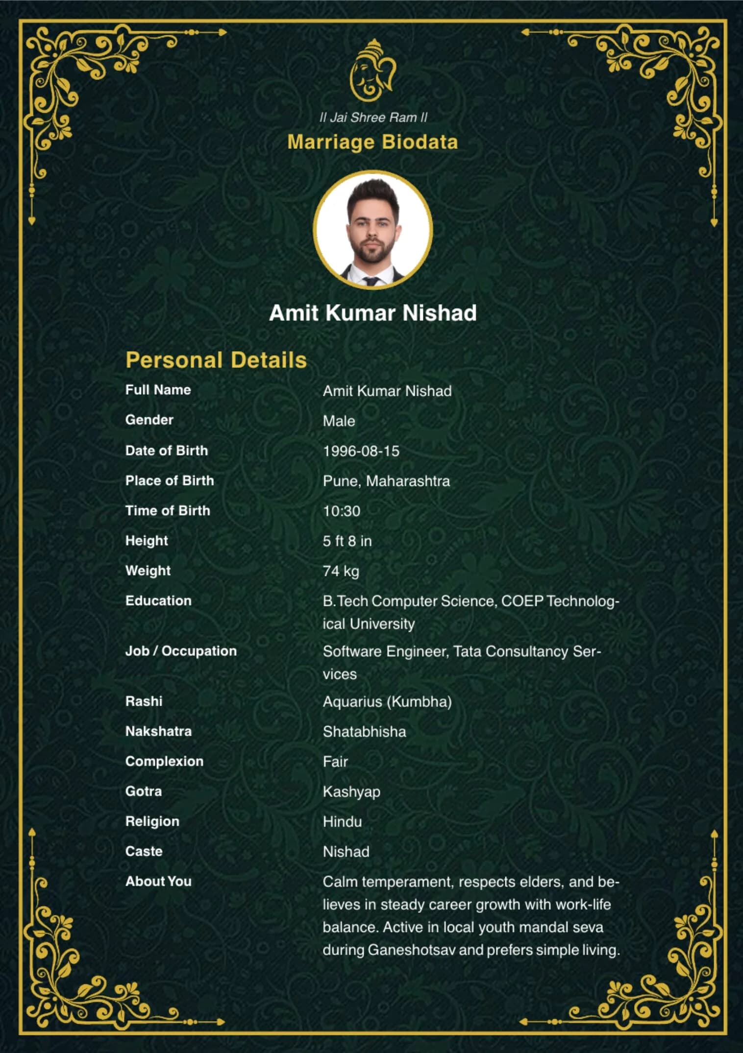 Free Royal Emerald marriage biodata template preview — BiodataBliss