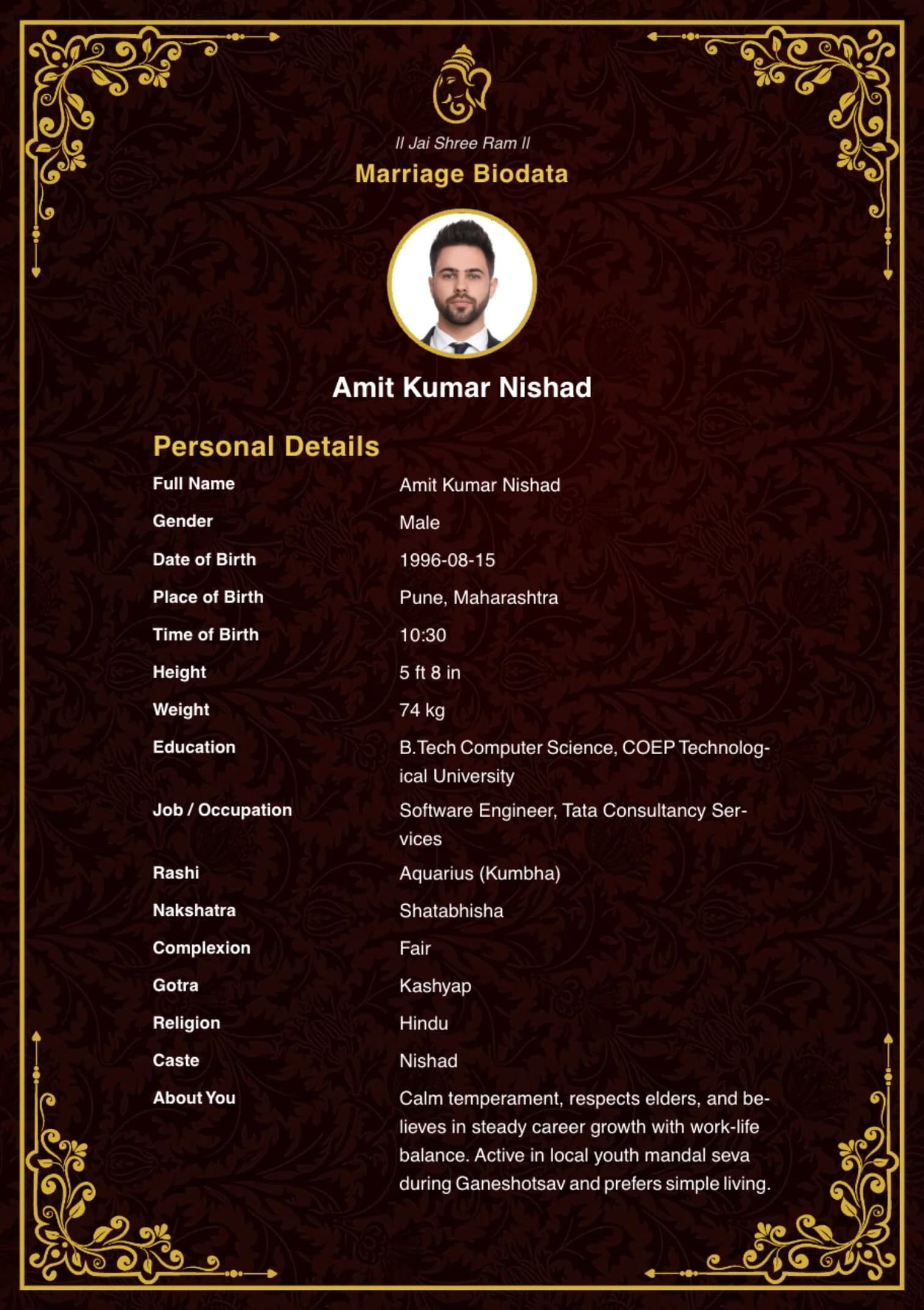 Free Royal Maroon marriage biodata template preview — BiodataBliss
