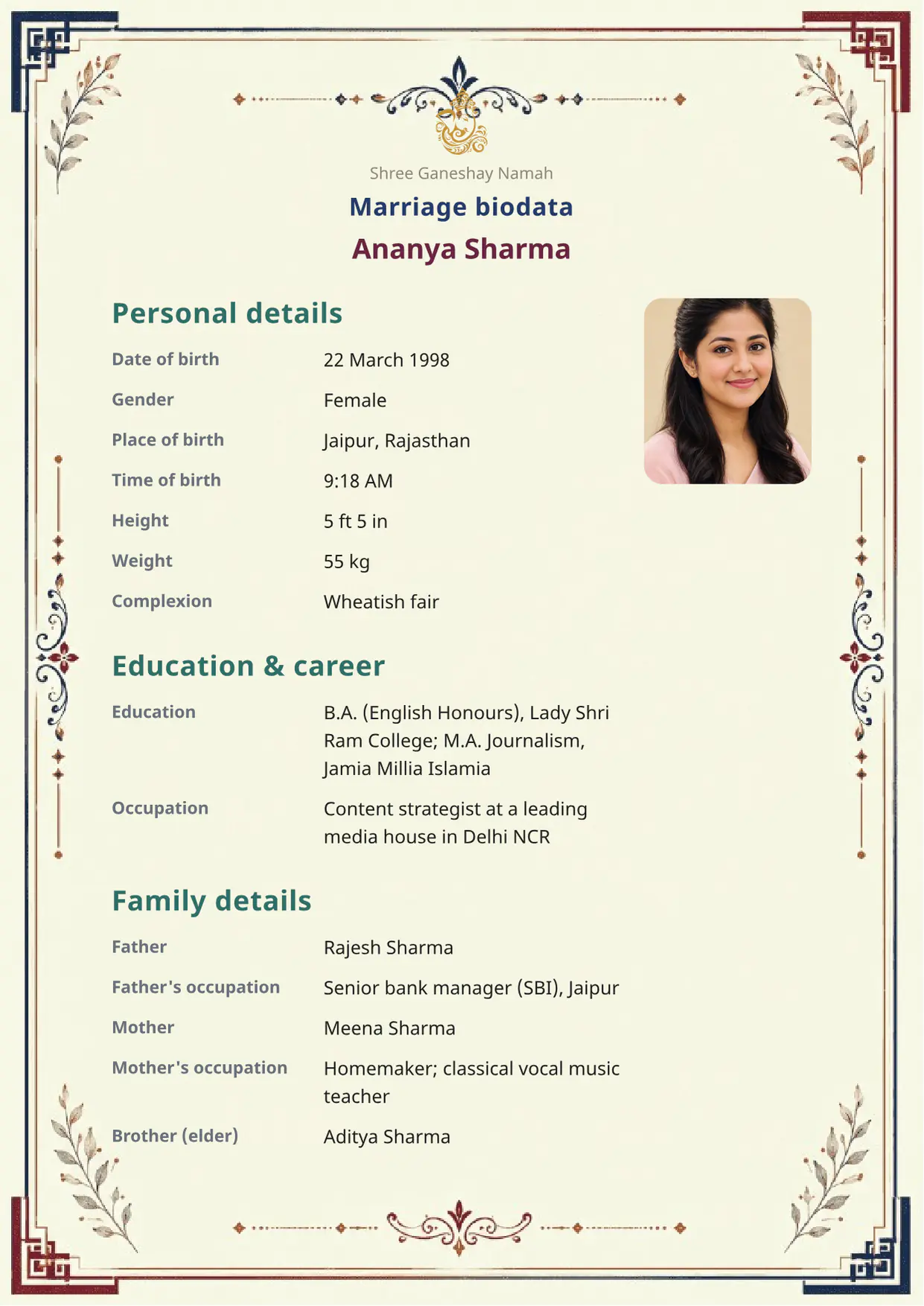 Free Sapphire Grace marriage biodata template preview — BiodataBliss