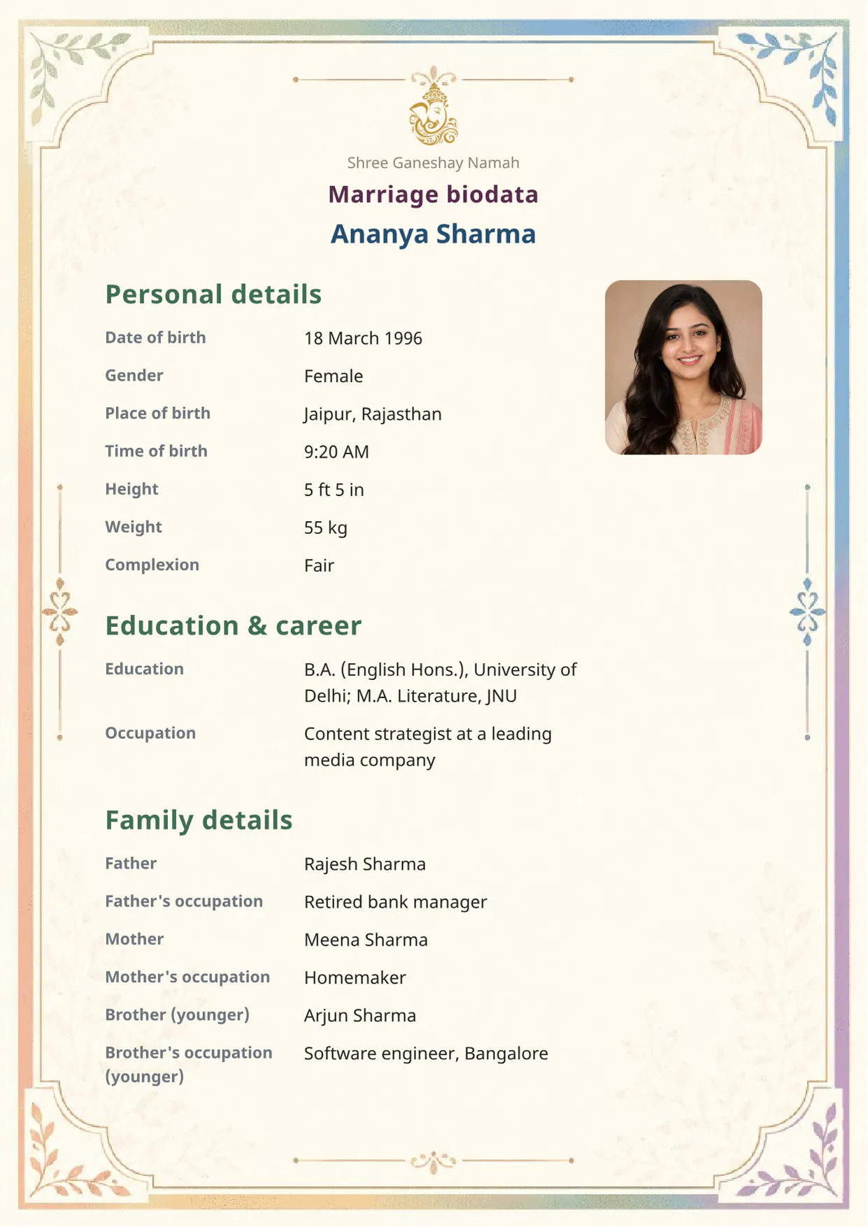 Free Signature Grace marriage biodata template preview — BiodataBliss