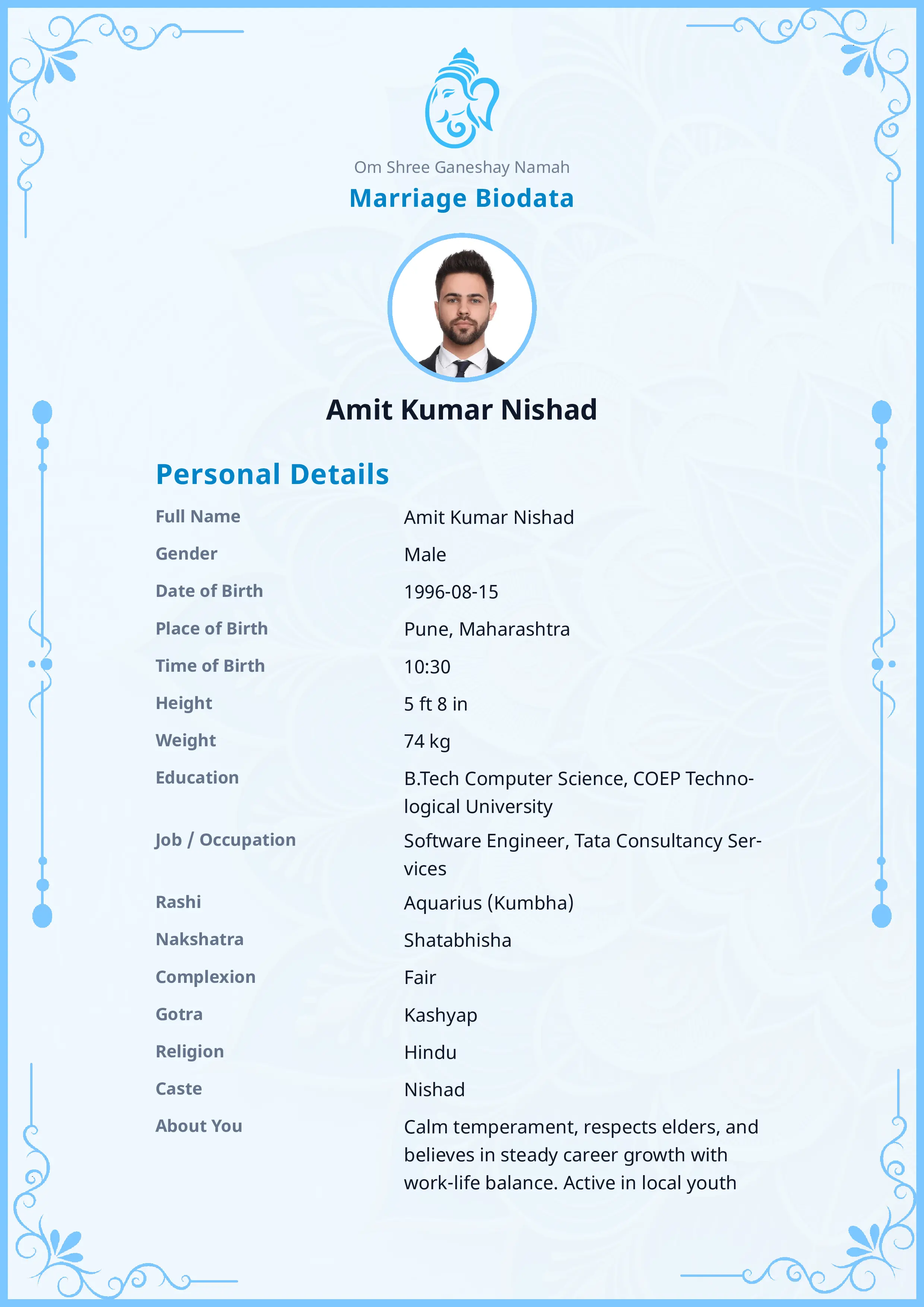 Free Soft Sky marriage biodata template preview — BiodataBliss
