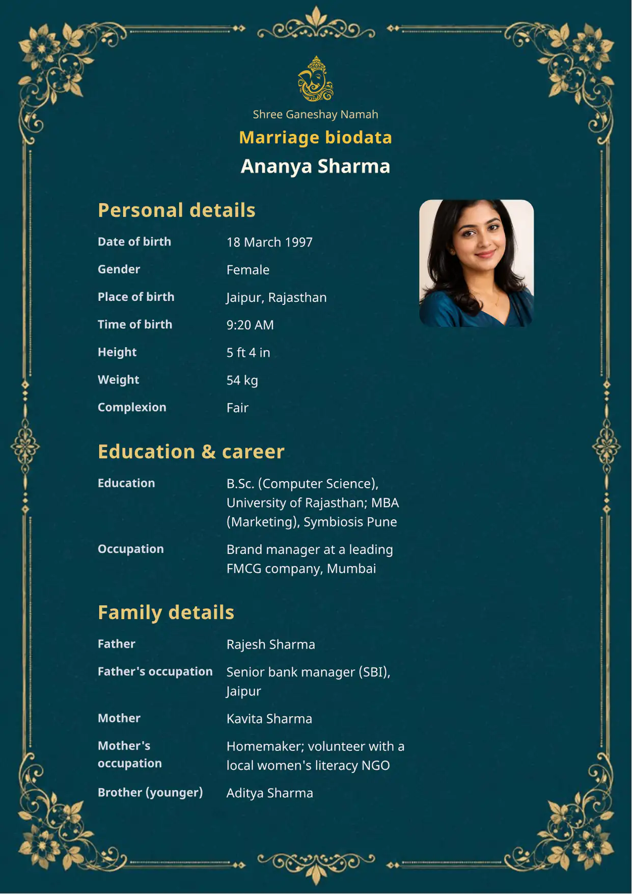 Free Teal Majesty marriage biodata template preview — BiodataBliss