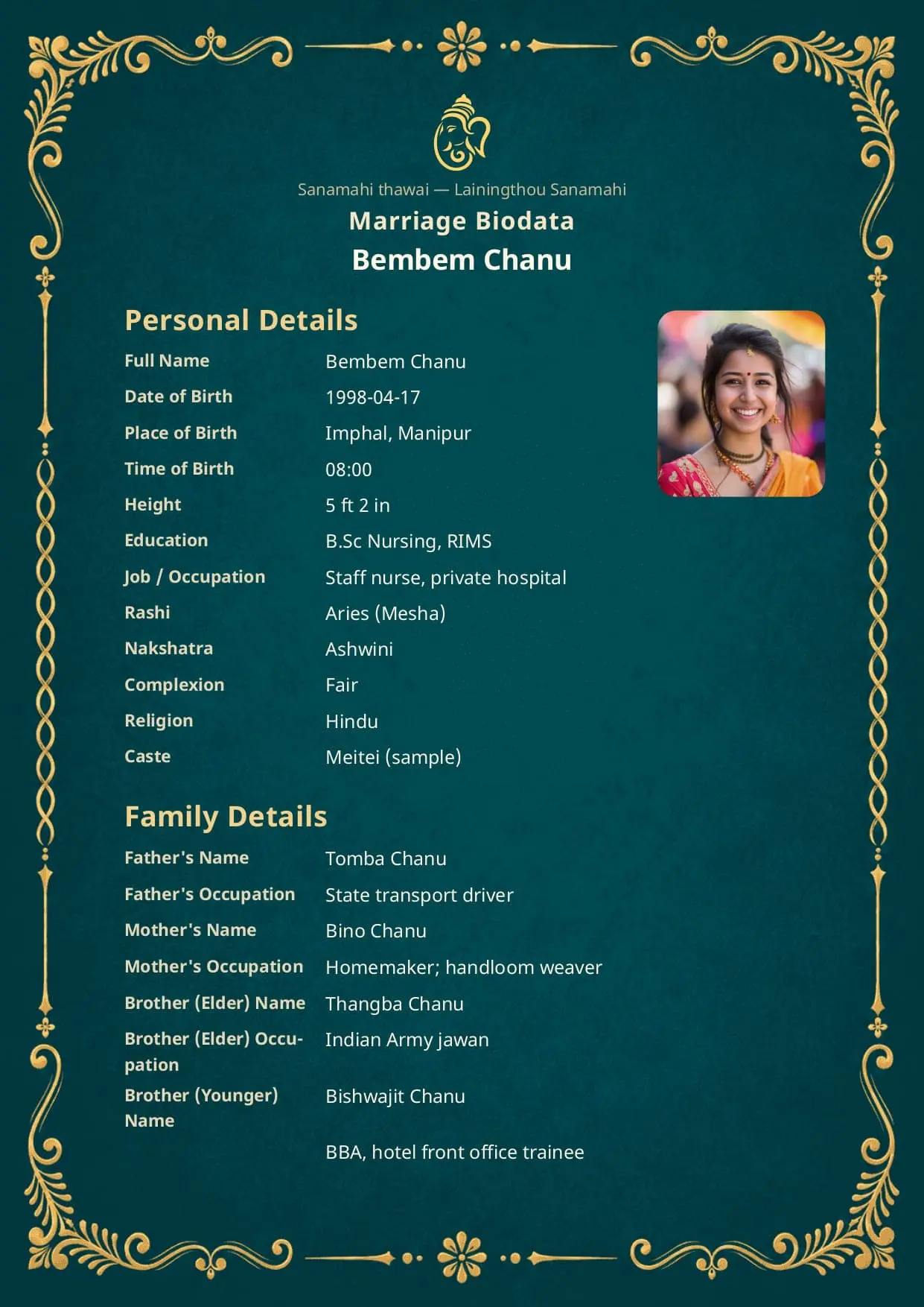 Free Teal Royale marriage biodata template preview — BiodataBliss