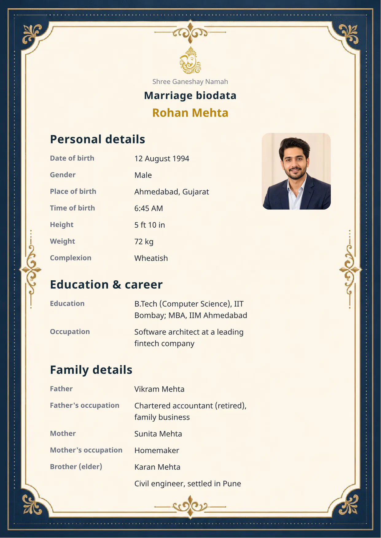 Free Timeless Elegance marriage biodata template preview — BiodataBliss