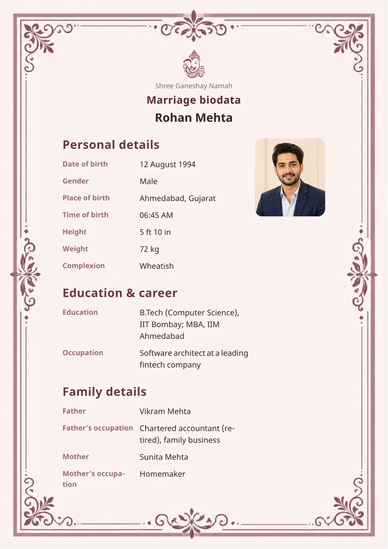 Free Velvet Bloom marriage biodata template preview — BiodataBliss