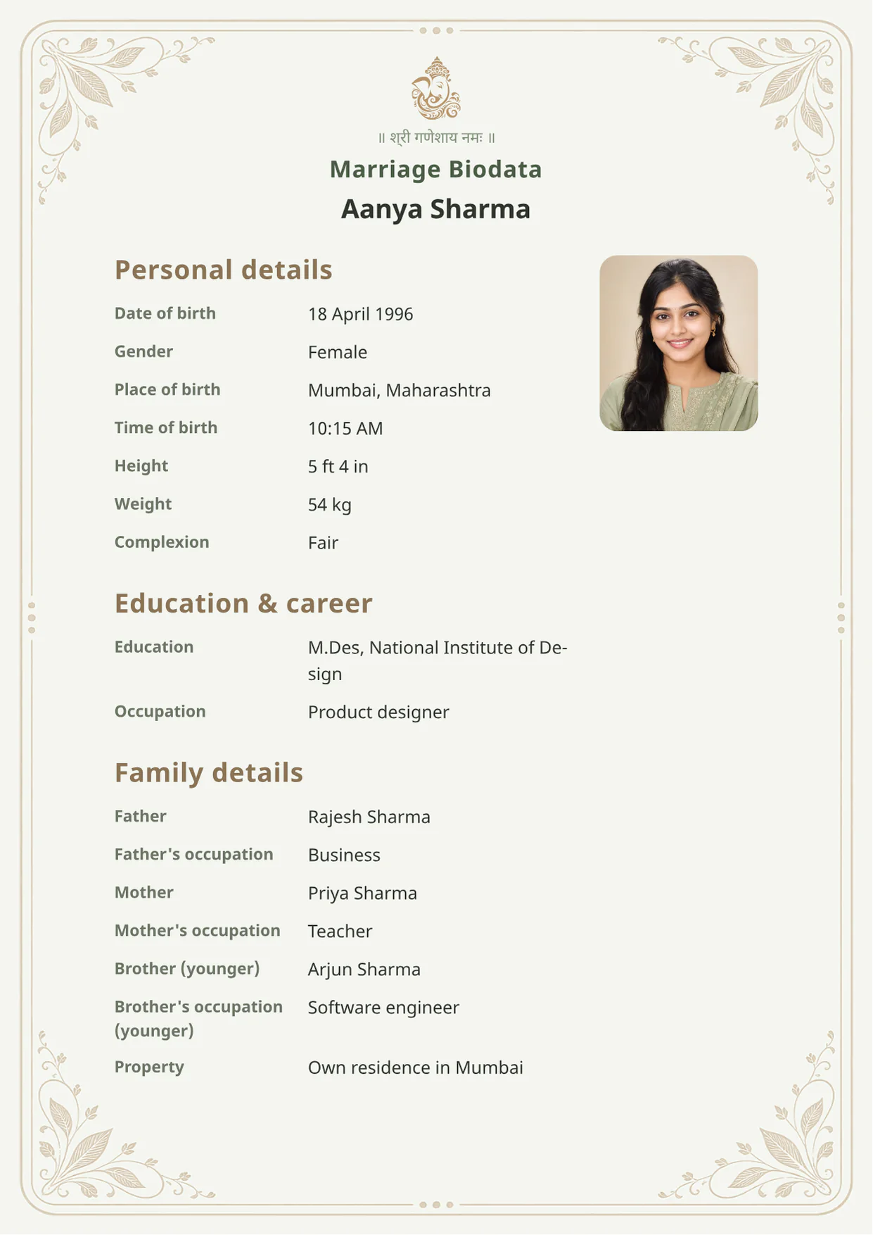 Free Verdant Ivory marriage biodata template preview — BiodataBliss
