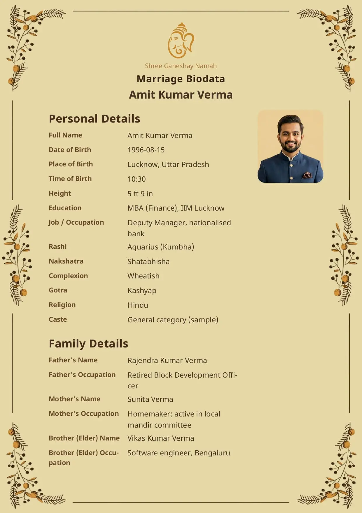 Free Vintage Gold marriage biodata template preview — BiodataBliss