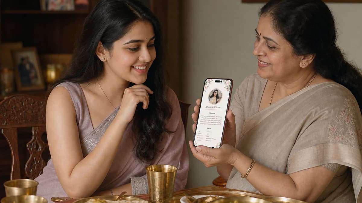 Mother and daughter reviewing a bride marriage biodata on a phone at a dining table