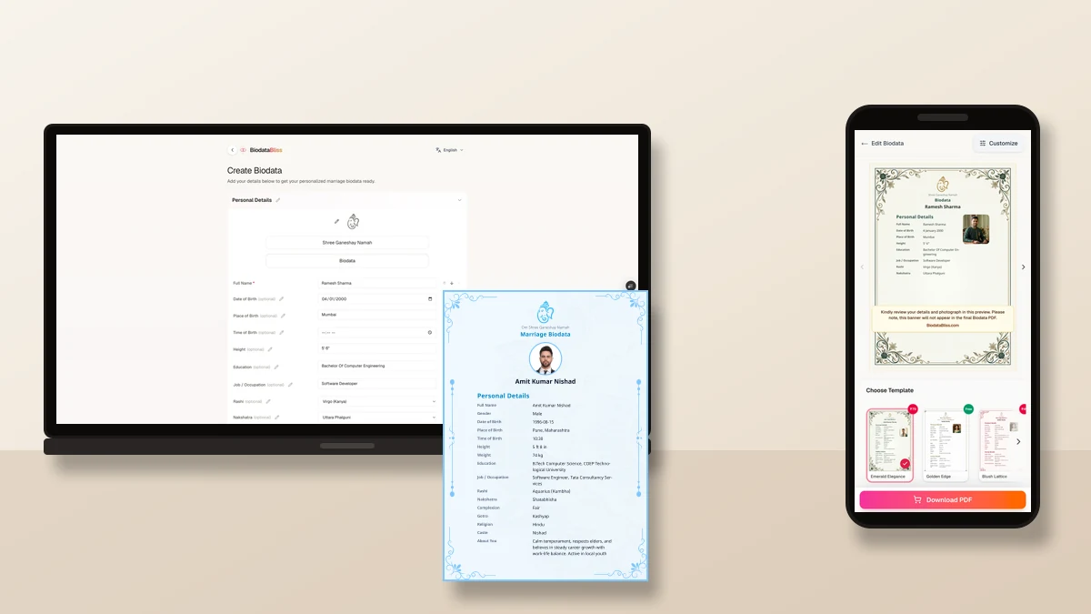 Laptop and phone showing BiodataBliss create and preview screens for a marriage biodata