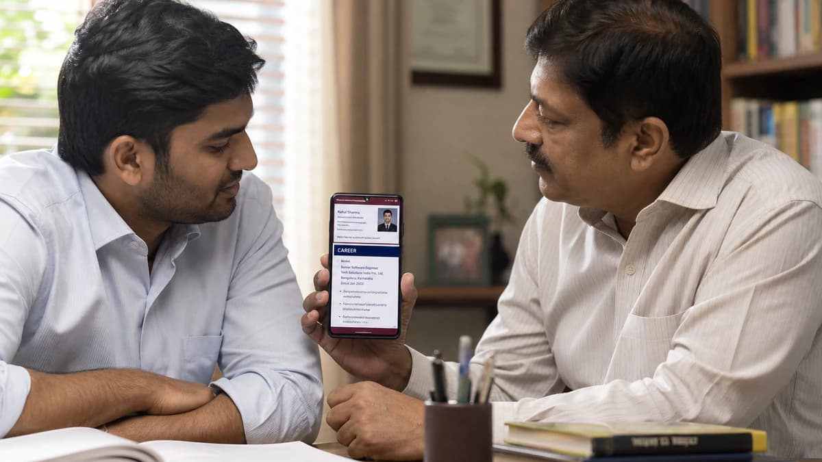 Young man and father reviewing a groom marriage biodata PDF on a smartphone