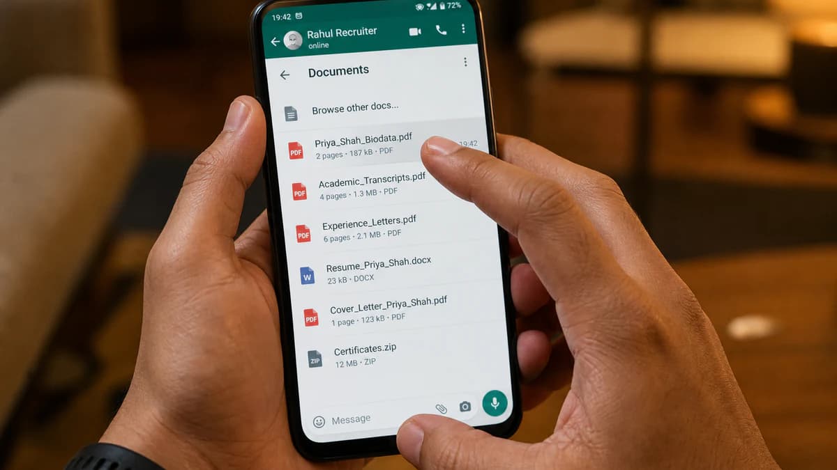 Hands attaching a marriage biodata PDF as a WhatsApp Document on a smartphone