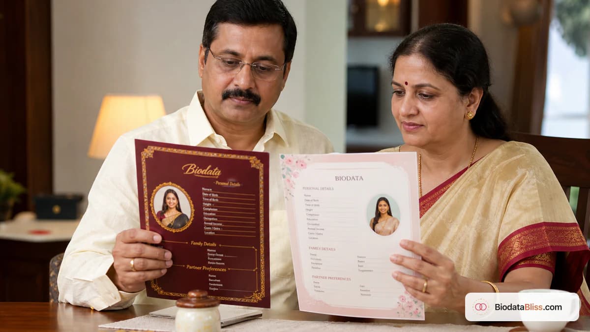 Parents comparing printed marriage biodata template designs at a dining table