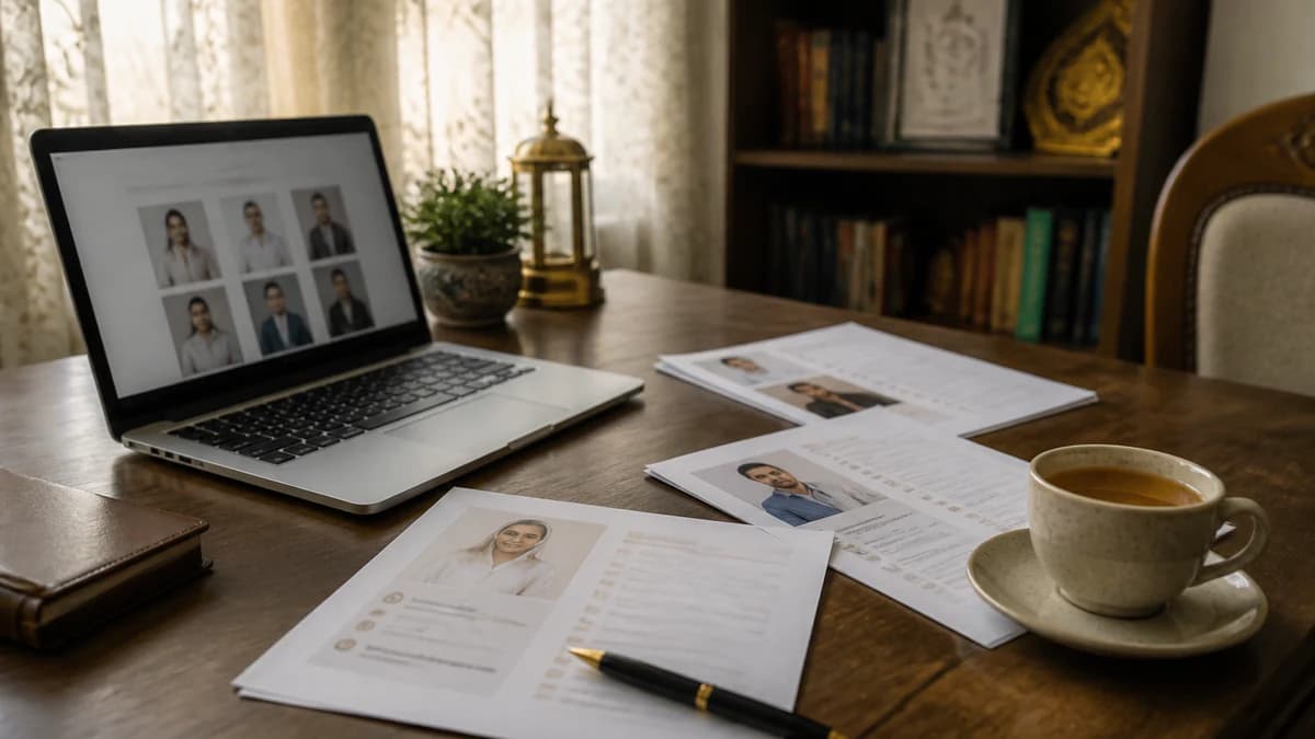 Desk with laptop and printed marriage biodata pages ready for review