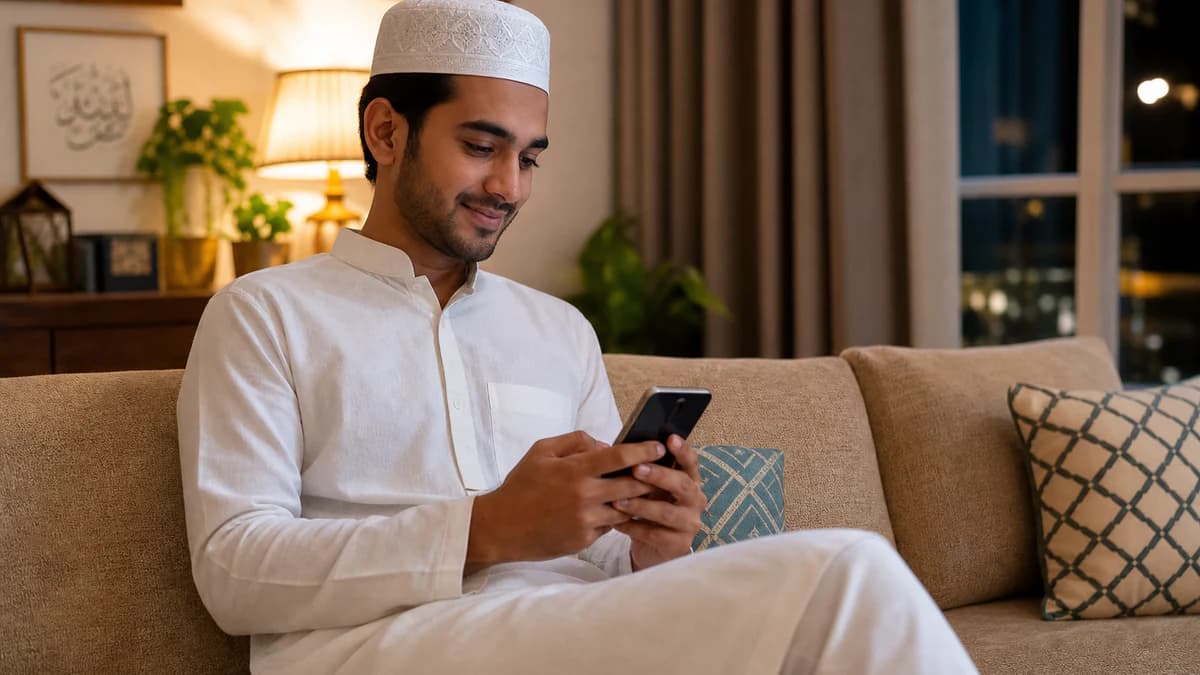 Young Muslim man creating a marriage biodata on his phone in a living room