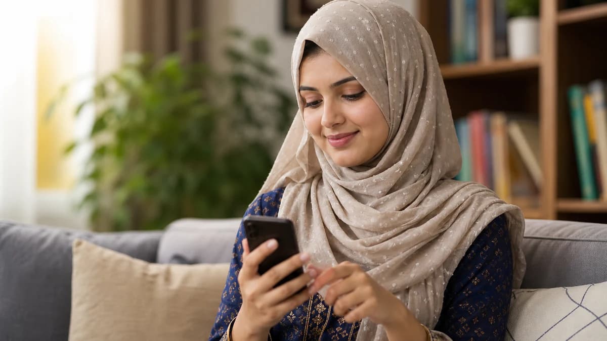 Muslim woman in hijab sending a marriage biodata PDF on WhatsApp