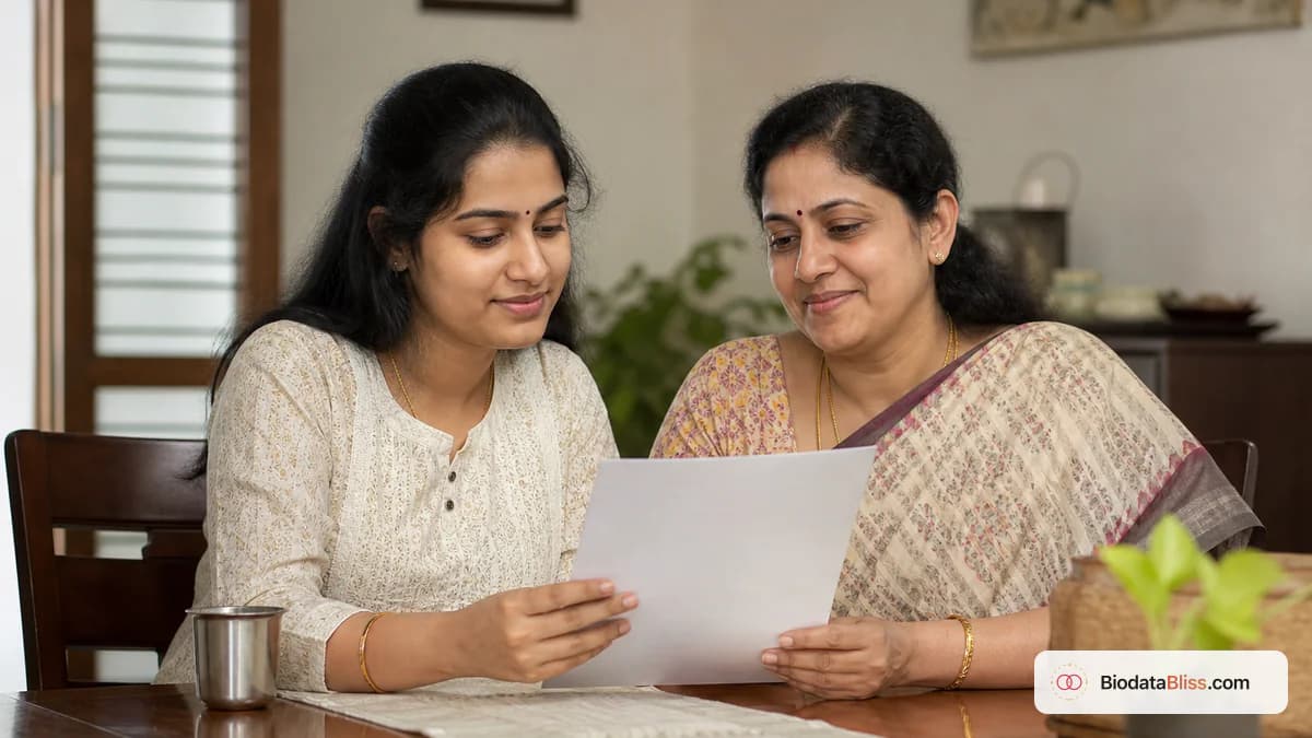 Mother and daughter reviewing a marriage biodata at a sunlit Chennai dining table