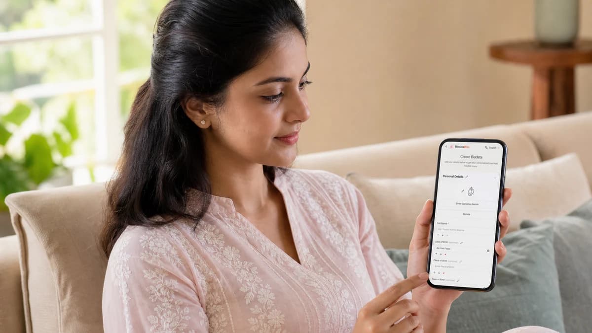Young Indian woman filling a marriage biodata on her phone in a living room