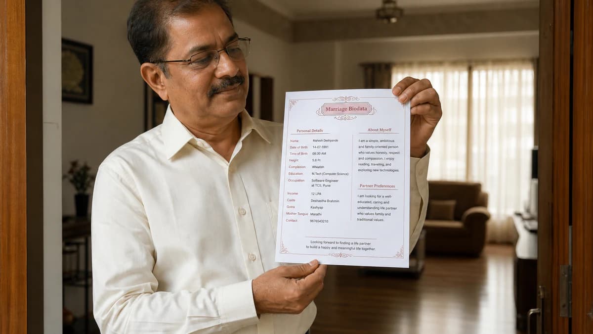 Father in a formal shirt holding a printed marriage biodata ready to share